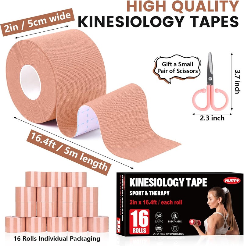 NUITPY 16 Rolls Kinesiology Tape, 2 inch x 16.4 Feet Waterproof Athletic Tape, Uncut Kinetic Tape, Elastic Muscle Tape, Sports Tape, Knee Tape for Exercise and Daily Use - Skin Color - Image 2